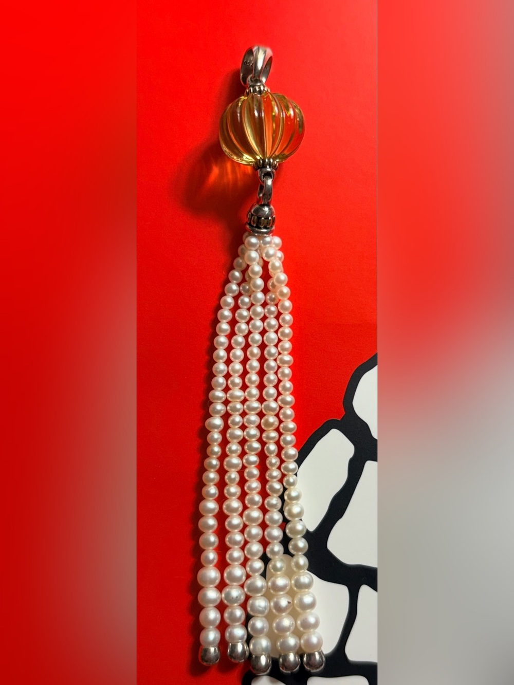Lago Caviar Collection Pearl Tassel Pendant Necklace with Green Globe